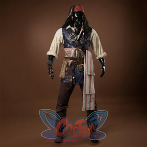 Jack Sparrow Cosplay Costume has a blue vest with complex patterns, a belt with multiple ornaments tied around the waist, pants of the same color, a pirate hat, and some accessories such as beads and feathers.