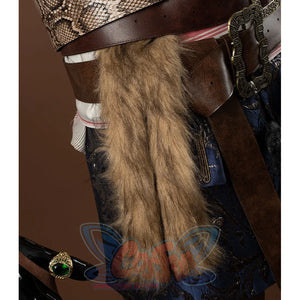 Jack Sparrow Cosplay Costume has snakeskin pattern belt and brown PU leather belt belt with fack fur accessories in the right.