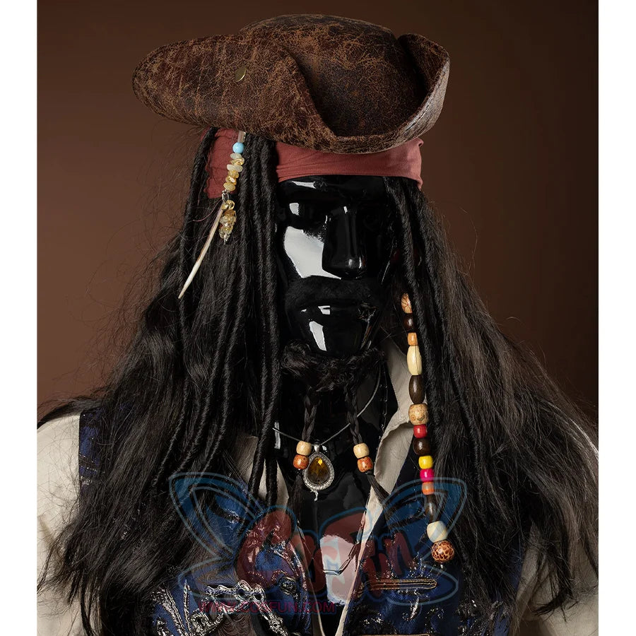 Jack Sparrow Cosplay Costume&#39;s hat is a brown pirate hat, there are some accessories such as beads and feathers, wear a red kerchief.