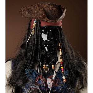 Jack Sparrow Cosplay Costume's hat is a brown pirate hat, there are some accessories such as beads and feathers, wear a red kerchief.