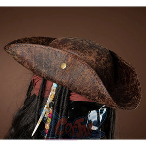 Jack Sparrow Cosplay Costume hat's side view, it is a brown pirate hat, there is a metal buckle on both side of hat.