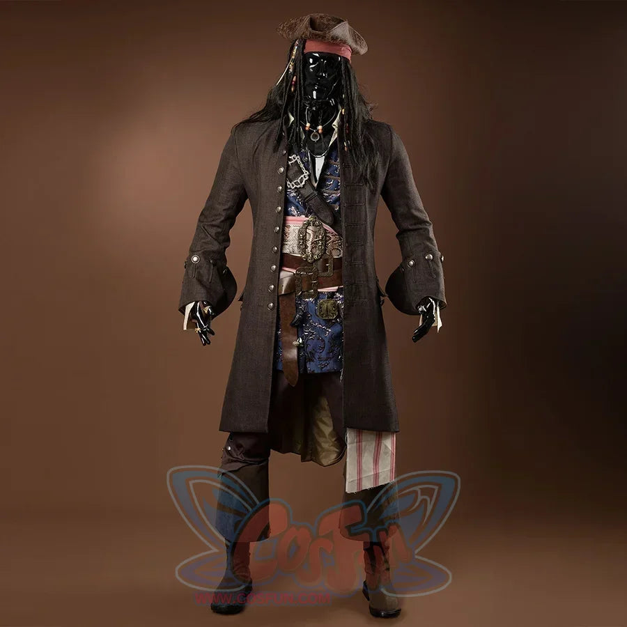 Jack Sparrow Cosplay Costume has a dark brown long coat with obvious decorations on the cuffs and shoulders, a blue vest with complex patterns, a belt with multiple ornaments tied around the waist, pants of the same color, a pirate hat, and some accessories such as beads and feathers.