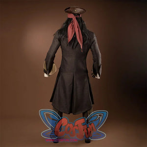 Jack Sparrow Cosplay Costume's jacket back view, the dark brown coat is very long and reaches the calf, pants of the same color, a pirate brown PU leather hat, wear a red kerchief.