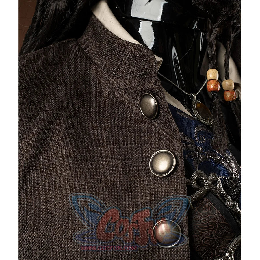 Jack Sparrow Cosplay Costume has a dark brown long jacket with matte copper buckles, a blue vest with complex patterns.