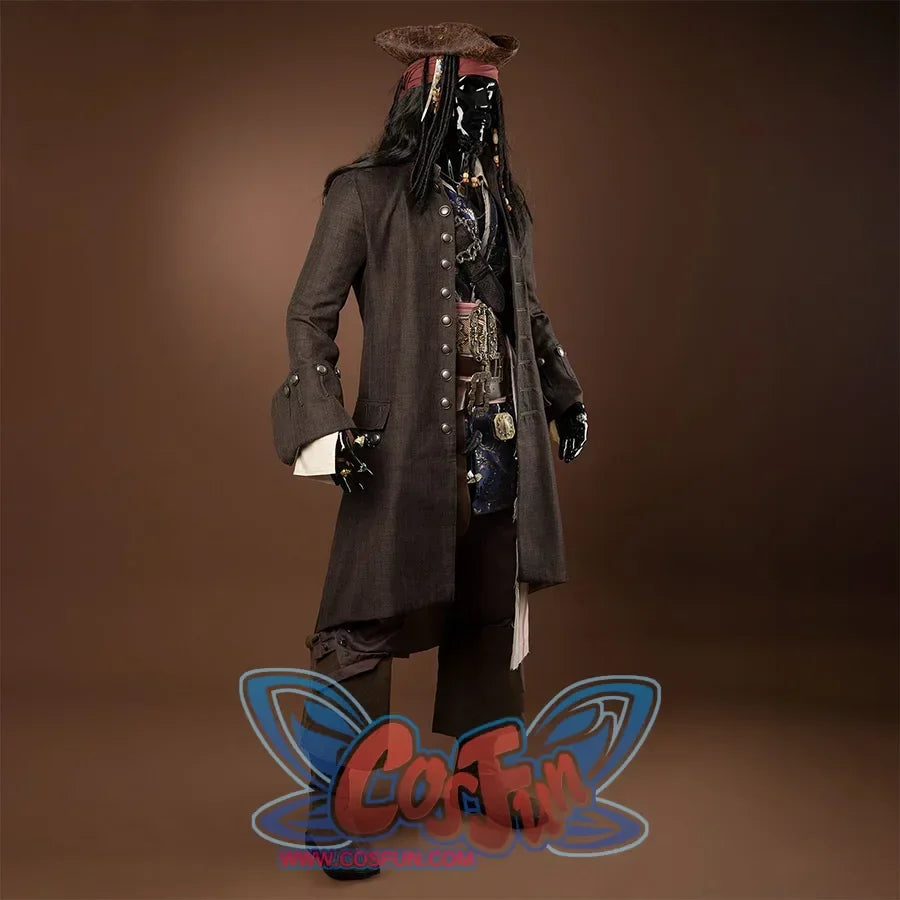 Jack Sparrow Cosplay Costume has a dark brown long jacket with multiple metal buttons on the front and cuffs obvious, a blue vest with complex patterns, a belt with multiple ornaments tied around the waist, pants of the same color, a pirate hat, and some accessories such as beads and feathers.