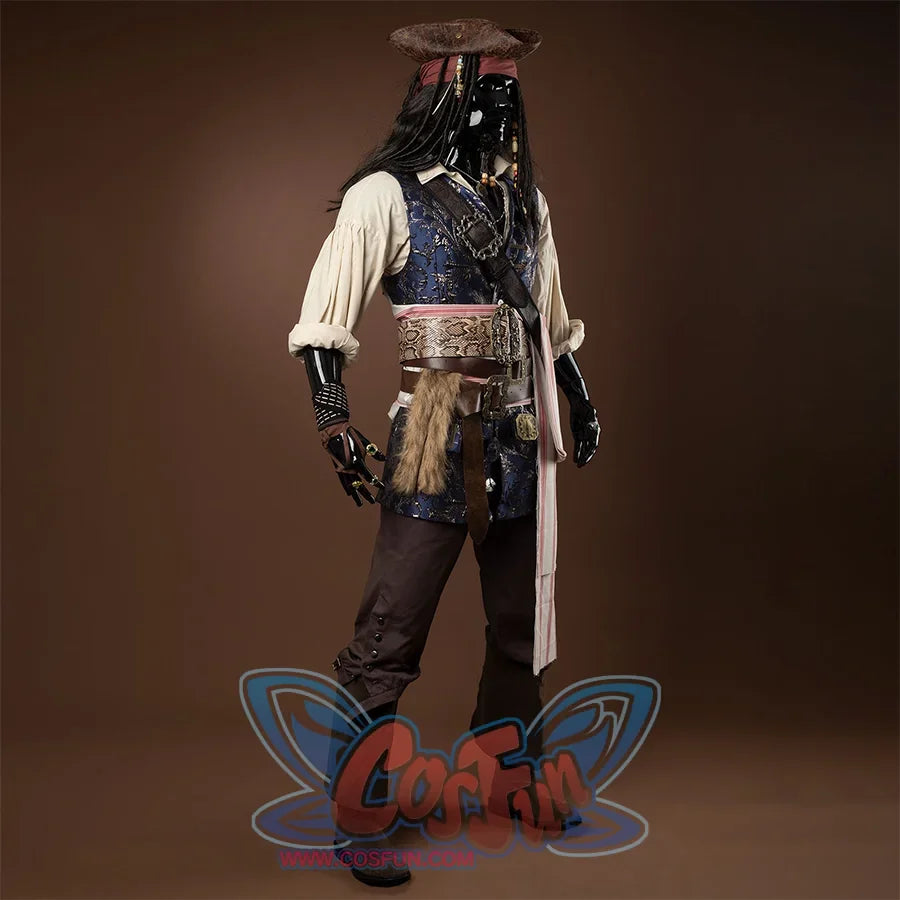Jack Sparrow Cosplay Costume left side view, it has a blue vest with complex patterns, there is a beige shirt inside, a belt with multiple ornaments tied around the waist, pants of the same color, a pirate hat, and some accessories such as beads and feathers.