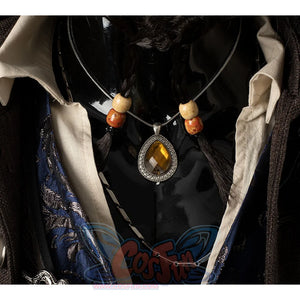 Jack Sparrow Cosplay Costume has a blue vest with complex patterns, the necklace features a large golden gemstone at its center, surrounded by silver accents.