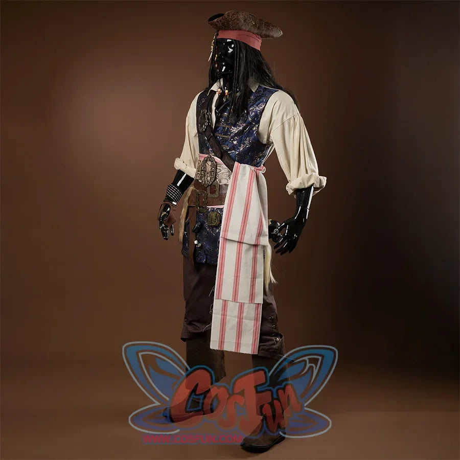 Jack Sparrow Cosplay Costume right side view, it has a blue vest with complex patterns, there is a beige shirt inside, a belt with multiple ornaments tied around the waist, pants of the same color, a pirate hat, and some accessories such as beads and feathers.
