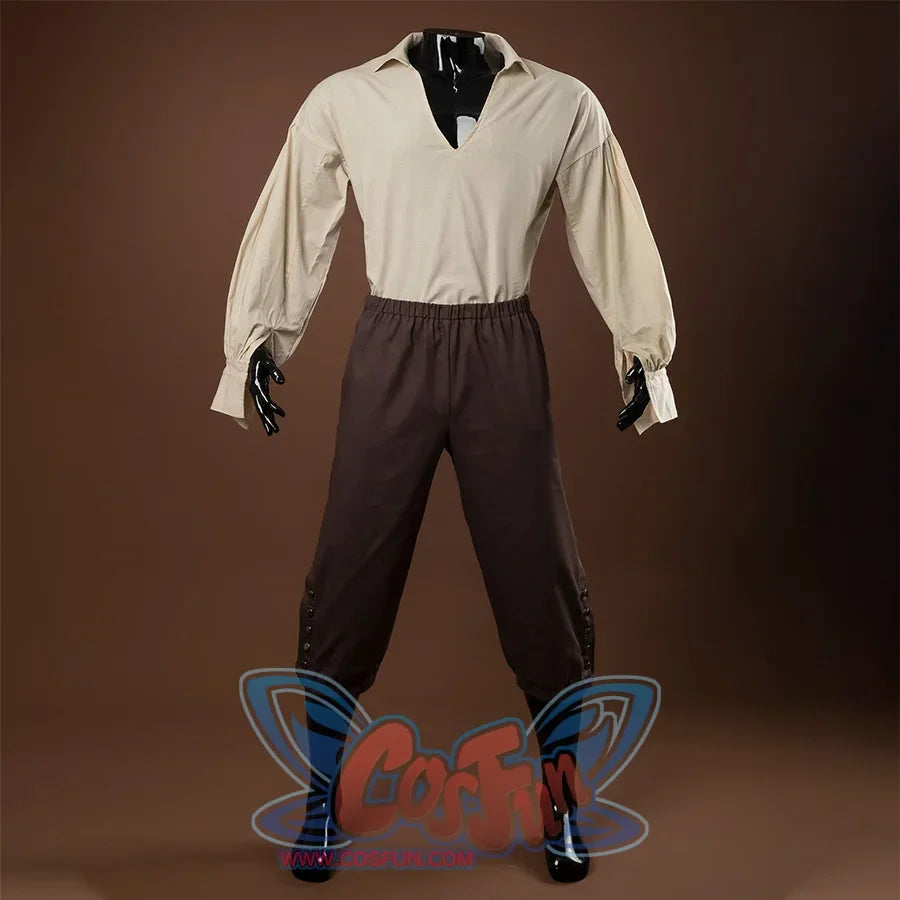 Jack Sparrow Cosplay Costume has a beige shirt inside with large V-neck, pants is brown color, there are metal buckle decorations on the trouser legs.
