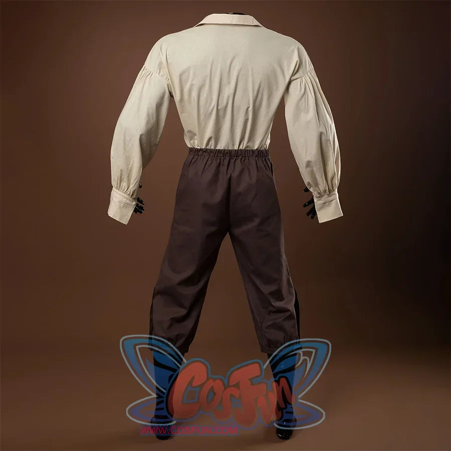 Jack Sparrow Cosplay Costume has a beige shirt, pants is brown color, The sleeves and trouser legs are loose.