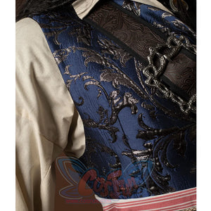 Jack Sparrow Cosplay Costume has a beige shirt and blue vest with complex patterns, accessorize with a belt , including some metal elements.