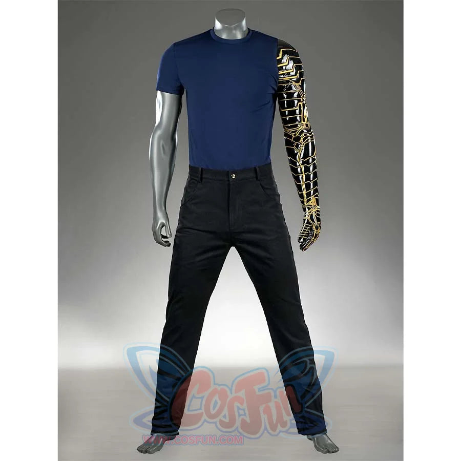 This image shows the base layer of the James Barnes cosplay costume, including a blue T - shirt, black pants, and a golden mechanical arm.