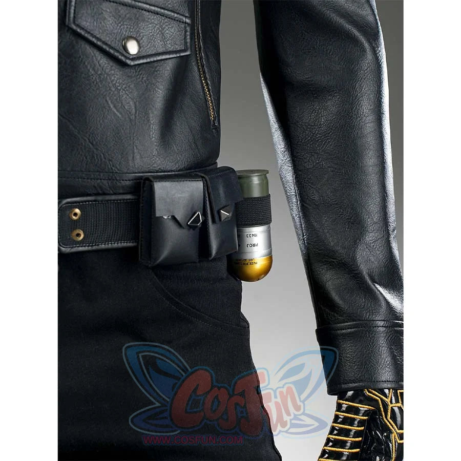 A close-up of the belt accessories on the James Barnes cosplay costume, featuring the black pouches and the golden-topped cylinders.
