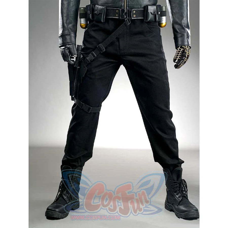 This close-up focuses on the lower body of the James Barnes cosplay costume, showing the black pants, black boots, and the tactical holster on the thigh.