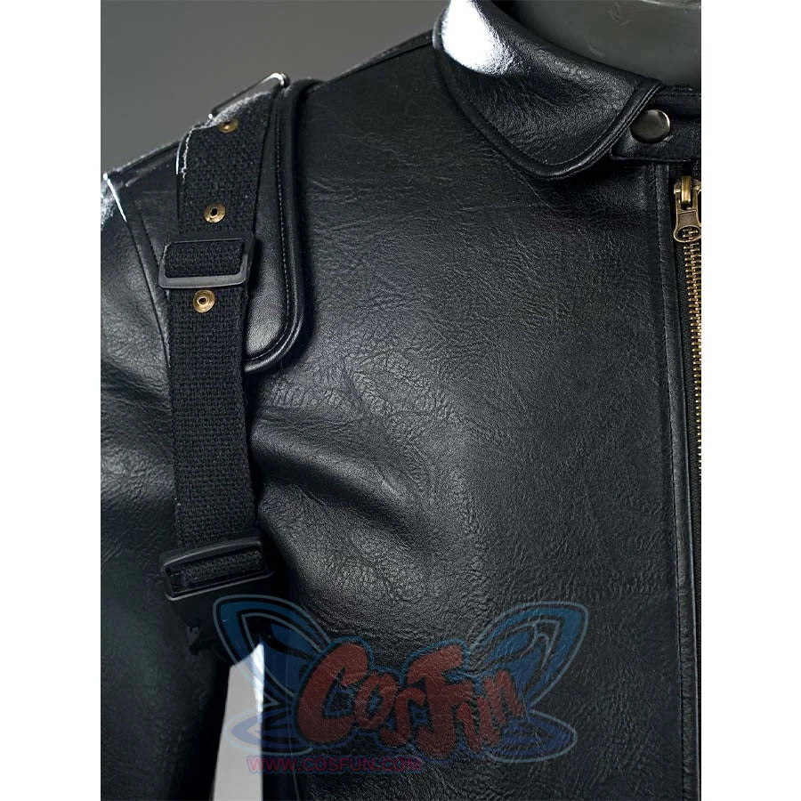 This close-up shows the shoulder strap detail of the James Barnes cosplay costume, highlighting the metal buckles and the texture of the black leather.