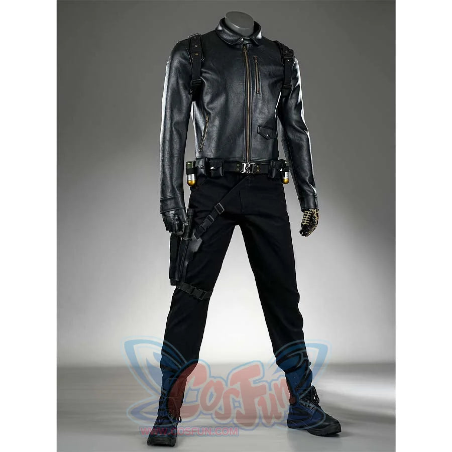 A side view of the James Barnes cosplay costume, highlighting the overall silhouette and the placement of the tactical belt and holster.