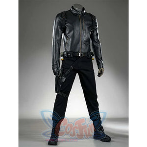 A side view of the James Barnes cosplay costume, highlighting the overall silhouette and the placement of the tactical belt and holster.