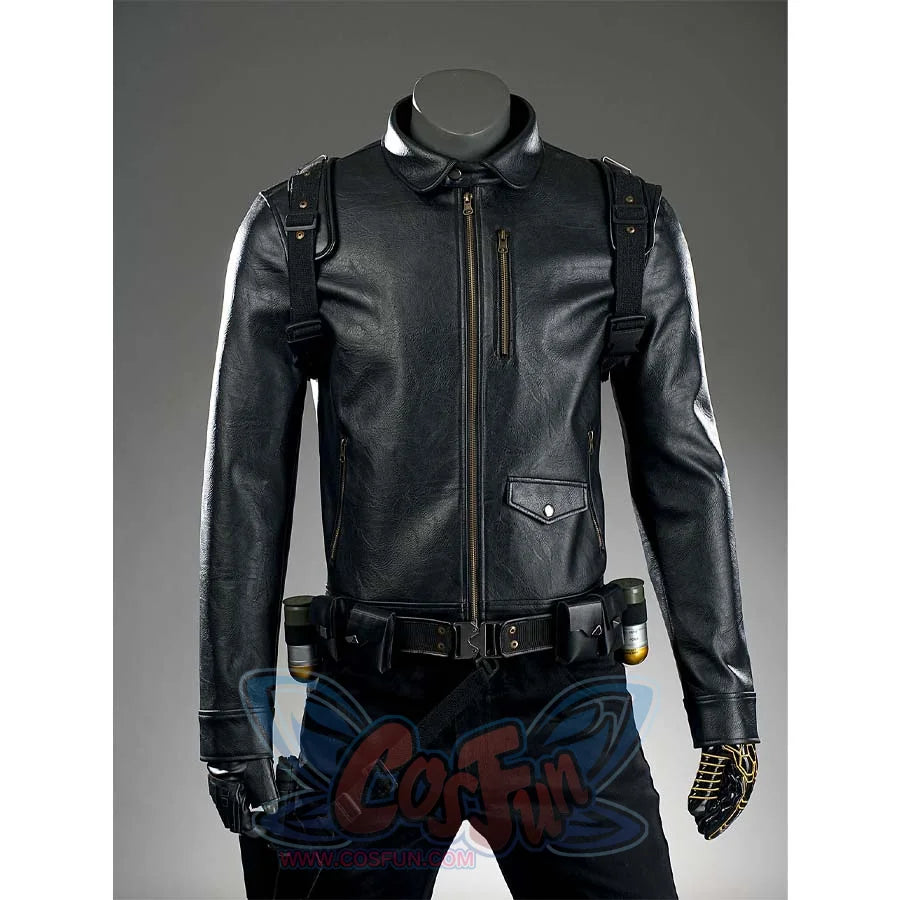 A close - up of the upper body of the James Barnes cosplay costume, focusing on the details of the black leather jacket and the tactical belt.