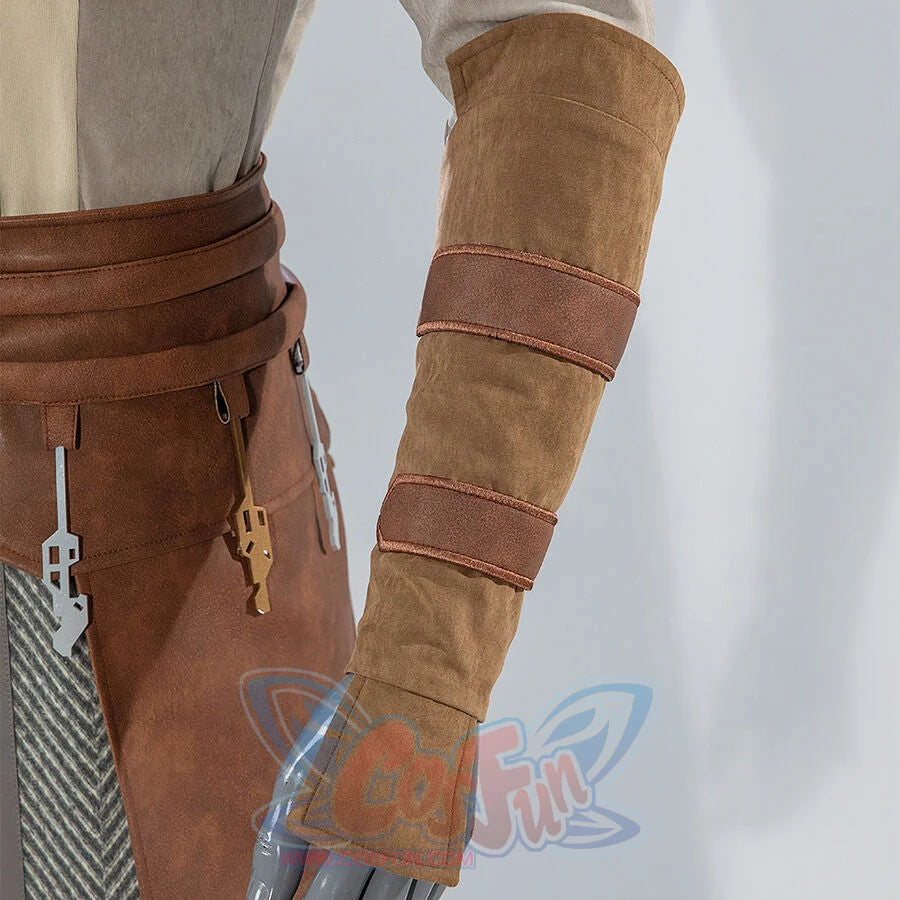Close-up of Jedi Temple Guard cosplay arm gauntlet with brown leather straps and tan fabric