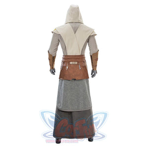 Back view of Jedi Temple Guard cosplay showing hooded robe, belt, and layered costume design