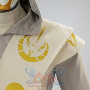 Detailed view of yellow emblems on Jedi Temple Guard cosplay shoulder armor and tabard pieces