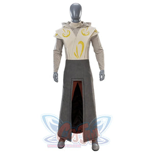 Full body Jedi Temple Guard cosplay on mannequin with yellow symbols and layered robes
