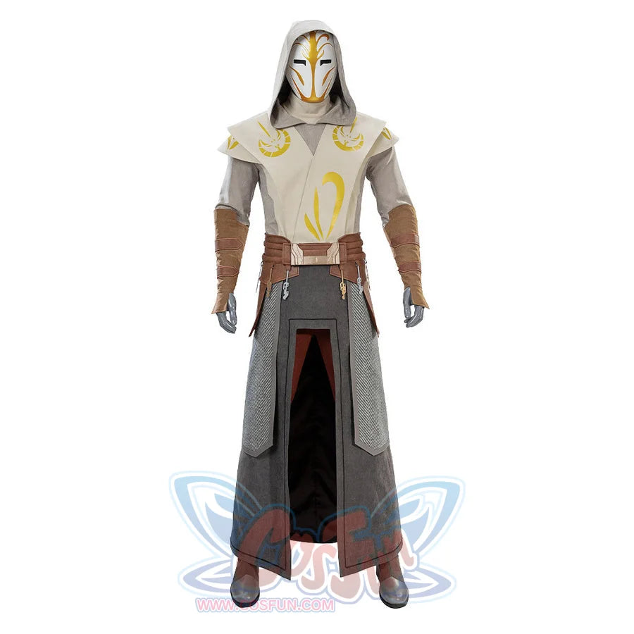 Full body Jedi Temple Guard cosplay costume with mask, hooded robe, layered skirt, and boots