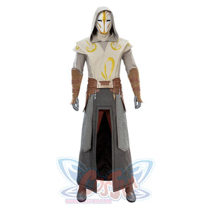 Full body Jedi Temple Guard cosplay costume with mask, hooded robe, layered skirt, and boots