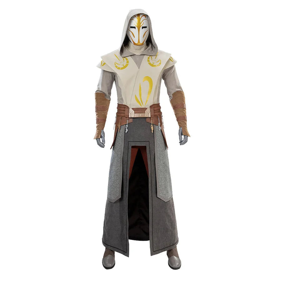 Full-length Jedi Temple Guard cosplay costume featuring hooded robe, mask, belt, and accessories