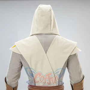 Back view of Jedi Temple Guard cosplay with hood up, showing robe layers and shoulder design