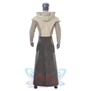 Jedi Temple Guard cosplay rear view on mannequin showing hood and layered robe construction