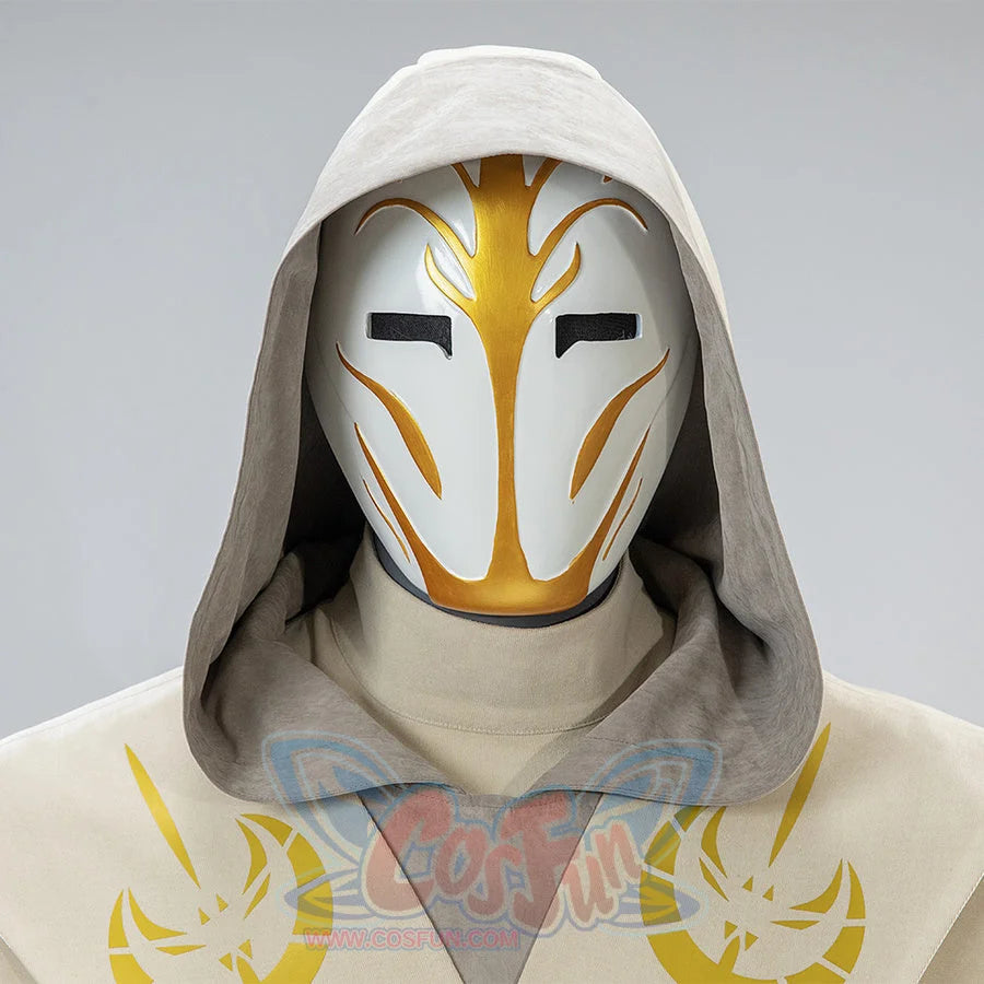 Jedi Temple Guard cosplay mask with hood, featuring white and yellow design with black visor