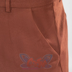 Close-up of Jedi Temple Guard cosplay pants in brown fabric with visible stitching and texture