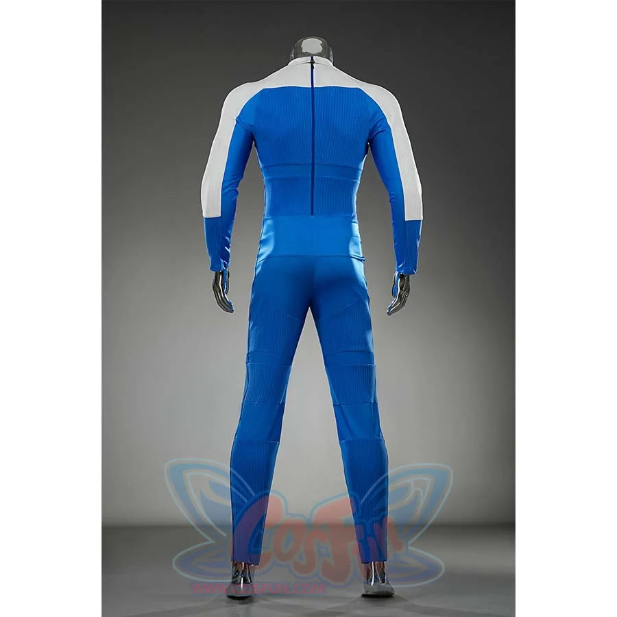 Displays the back—blue - white jumpsuit, central zipper. A classic superhero silhouette.