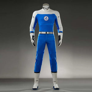 Displays the complete front—blue jumpsuit with white sleeves, iconic “4” emblem, and detailed belt. Perfect for Fantastic Four cosplay.