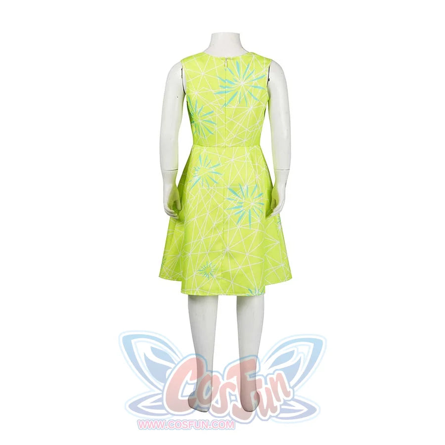 Shows the back of the Joy cosplay dress on a mannequin, highlighting the zipper and the same blue geometric patterns as the front.