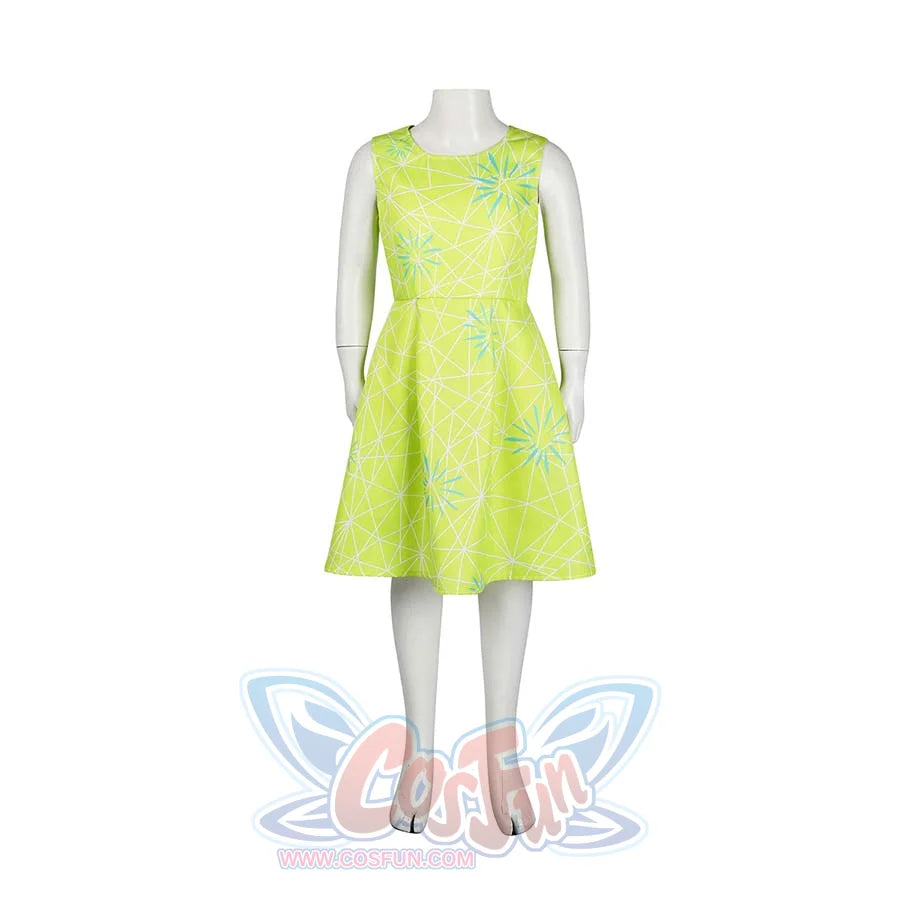 Features the complete kid Joy cosplay outfit, including a bright green dress with blue patterns and a mask resembling Joy from Inside Out.