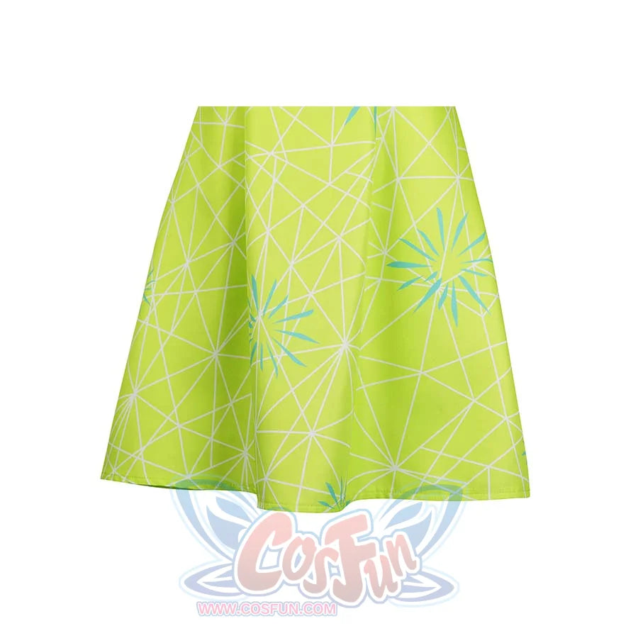 Close - up of the skirt of the Joy cosplay dress, emphasizing the blue geometric patterns and the dress’s fabric texture.