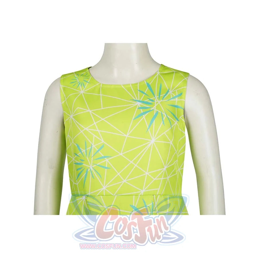 Close - up of the upper body of the Joy cosplay dress, highlighting the blue geometric patterns and the dress’s neckline.