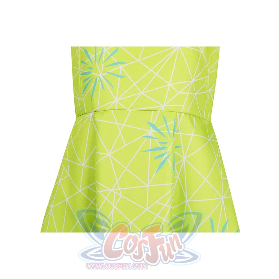 Close - up of the waist and skirt of the Joy cosplay dress, showcasing the blue geometric patterns and the dress’s pleated design.