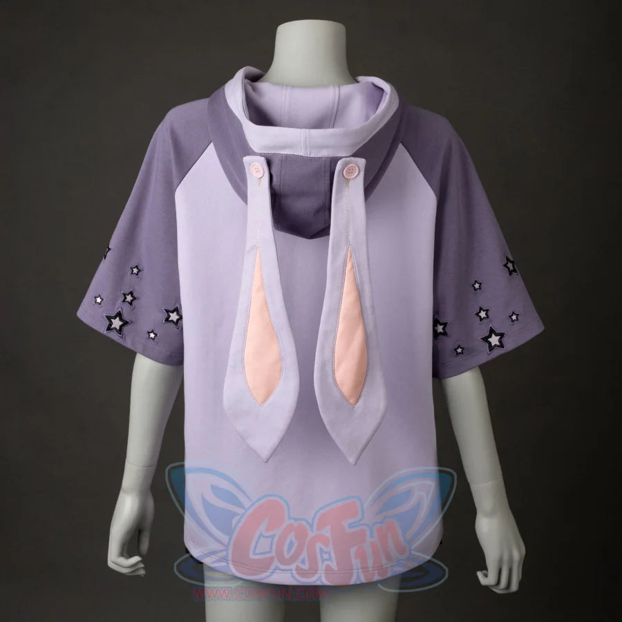 From the back, the hood with long bunny ears (pink inner ears) and star - embroidered sleeves are shown. The overall color scheme is light purple and gray.