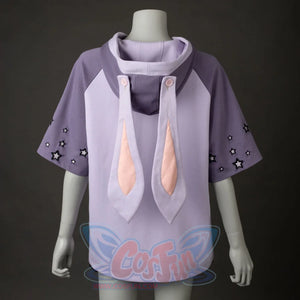 From the back, the hood with long bunny ears (pink inner ears) and star - embroidered sleeves are shown. The overall color scheme is light purple and gray.
