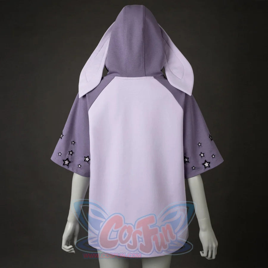 The back of the hoodie with the hood up, displaying the long bunny ears and star - embroidered sleeves. The light purple and gray colors are prominent.