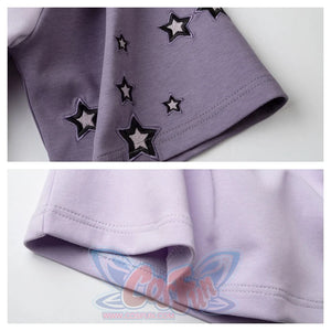 Close - up of the sleeves. The upper part has star embroidery, and the lower part shows the stitching detail of the light purple fabric. Highlights the decorative and quality aspects.