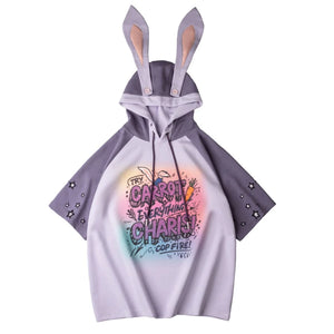 The Judy Hopps Bunny Hoodie Shirt in light purple and gray. It has a hood with bunny ears,  and star decorations on the sleeves.
