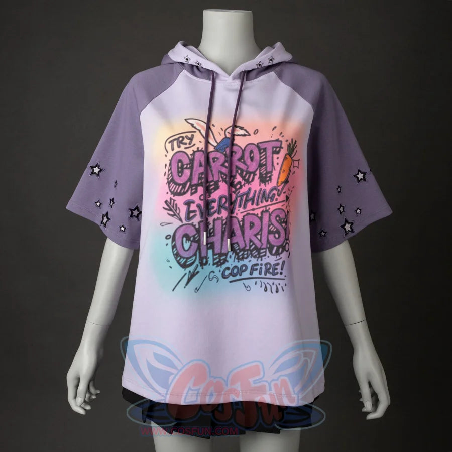 Displayed on a mannequin, the hoodie shows its loose fit. The graphic print and star - adorned sleeves are clearly visible, paired with a black skirt.