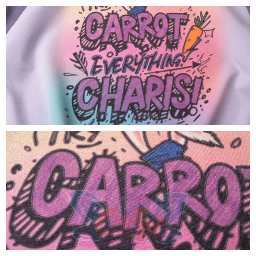 Close - up of the colorful graphic print on the hoodie. It features the text “TRY CARROT EVERYTHING CHARIS! COP FIRE!” with a carrot illustration, in vibrant colors.
