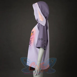 A side view shows the hoodie's shape, the graphic print, star - decorated sleeves, and the hood with bunny ears. It has a relaxed, casual style.