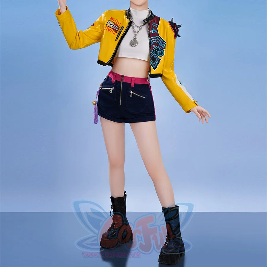 Cosplayer wearing Rumi cosplay costume with yellow jacket, crop top, and shorts in a KPop streetwear-inspired look.