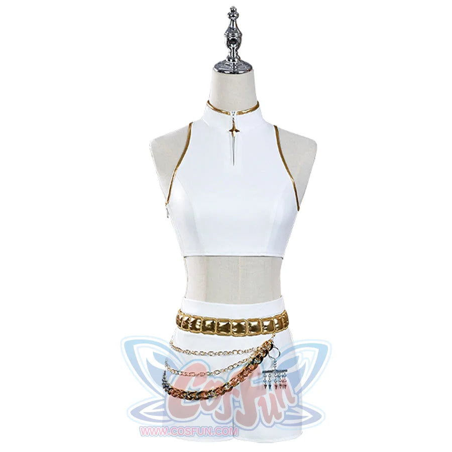 It's Rumi's cosplay costume. Cosplayer wearing a white outfit with a gold belt and chains on a blue background